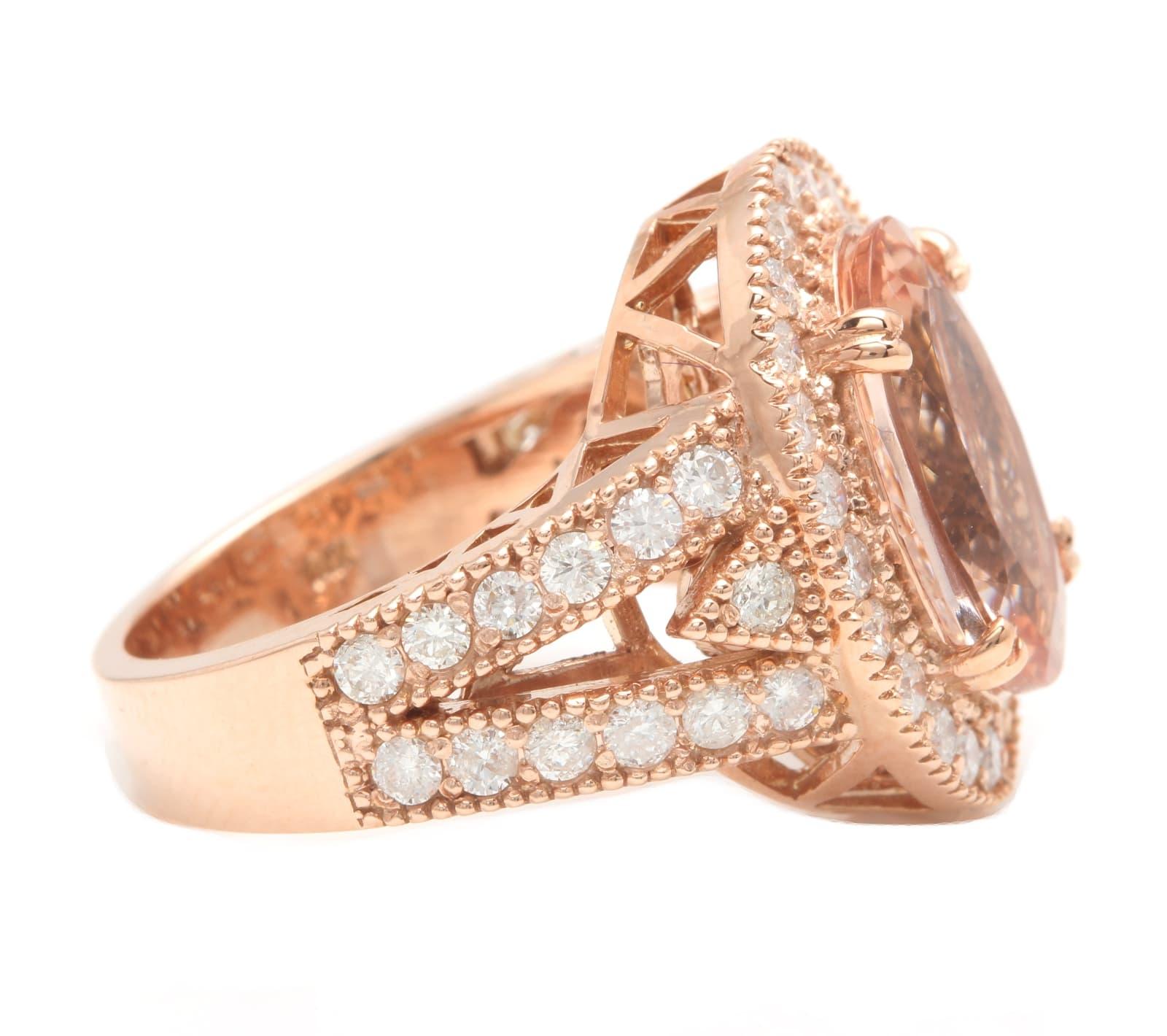 8.00 Carats Exquisite Natural Peach Morganite and Diamond 14K Solid Rose Gold Ring

Suggested Replacement Value: $7,500.00

Total Natural Morganite Weight: Approx. 6.50 Carats 

Morganite Measures: Approx. 14.00 x 10mm

Natural Round Diamonds