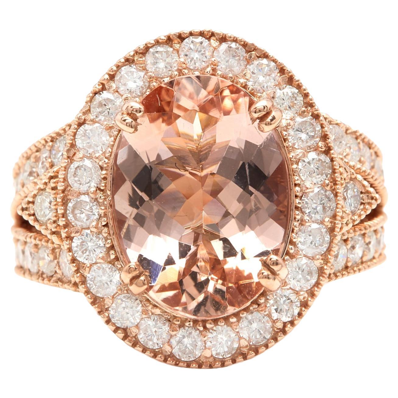 Bague en or rose massif 14 carats avec diamants et morganite naturelle exquise de 8,00 carats en vente