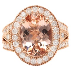 Bague en or rose massif 14 carats avec diamants et morganite naturelle exquise de 8,00 carats