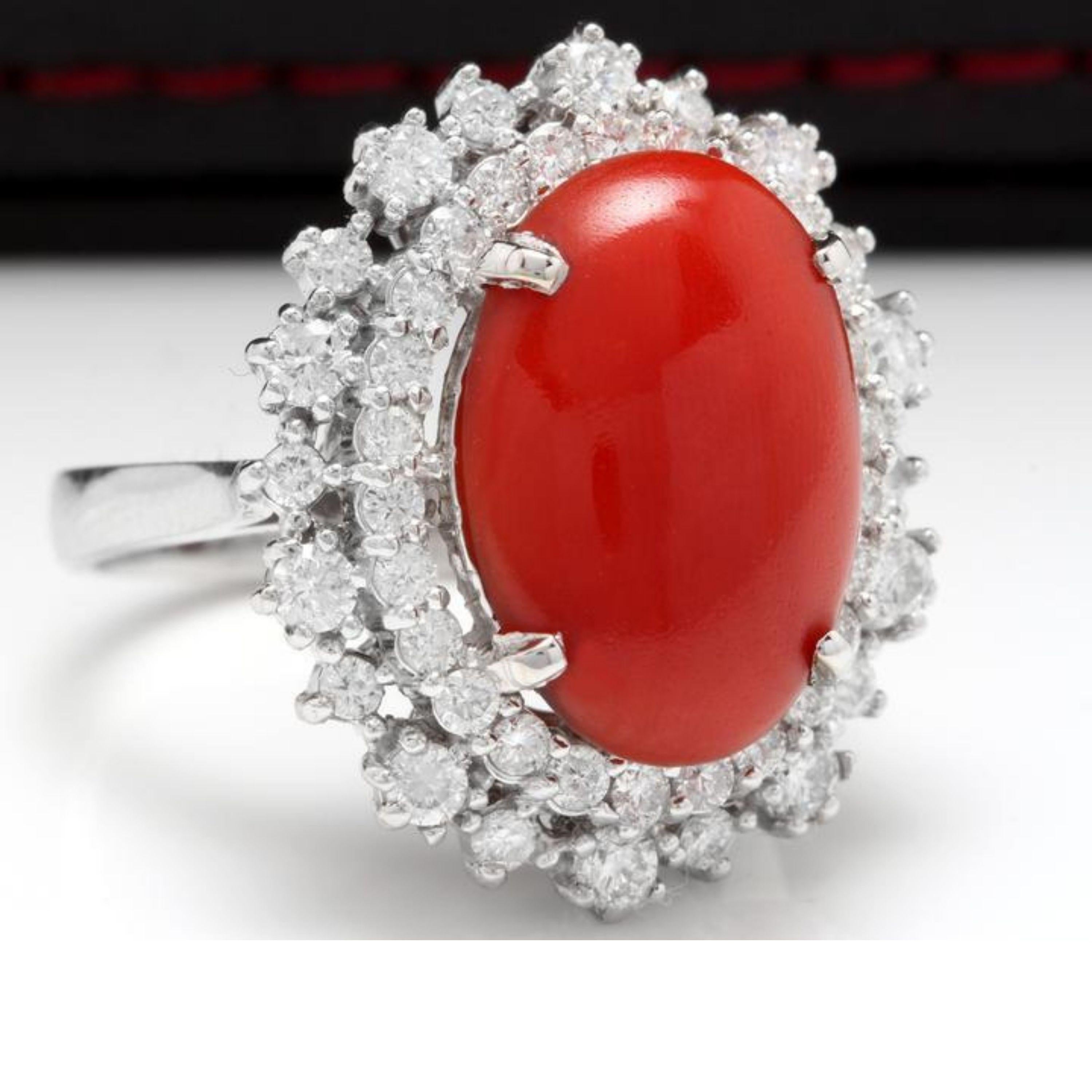 8.00 Carats Impressive Coral and Diamond 14K White Gold Ring

Total Natural Oval Coral Weight is: 6.50 Carats

Coral Measures: 15 x 11mm

Natural Round Diamonds Weight: 1.50 Carats (color G / Clarity SI1)

Ring size: 7 (we offer free re-sizing upon