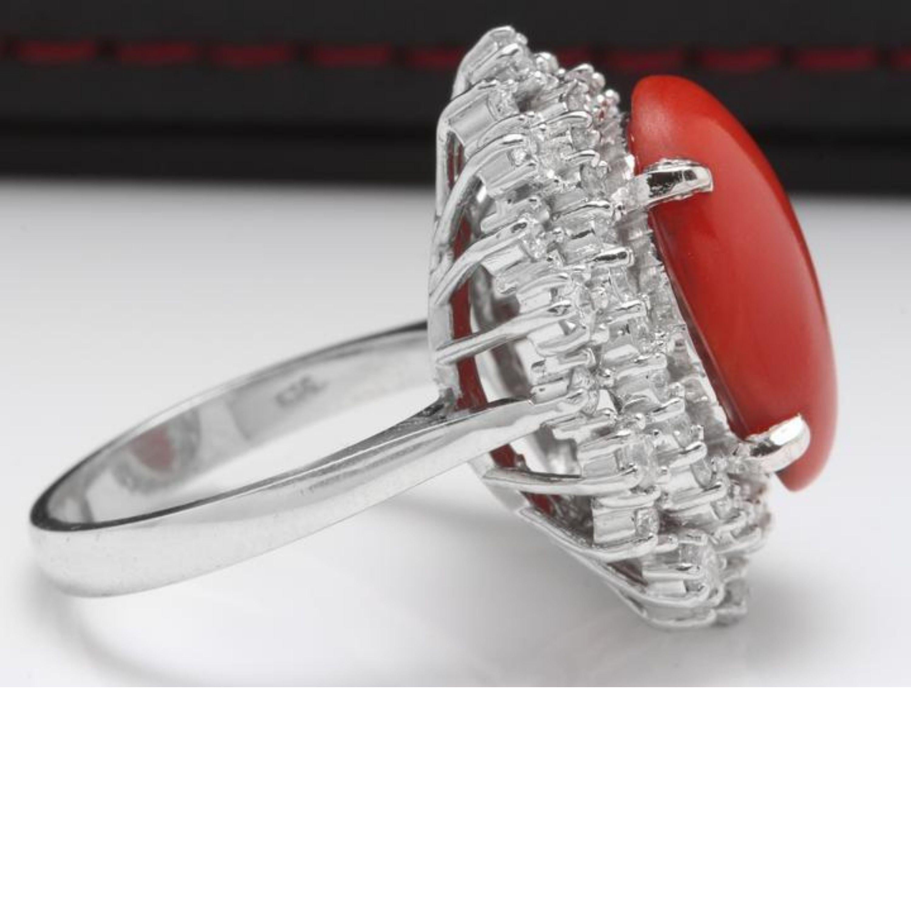 Mixed Cut 8.00 Carat Impressive Coral and Diamond 14 Karat White Gold Ring For Sale