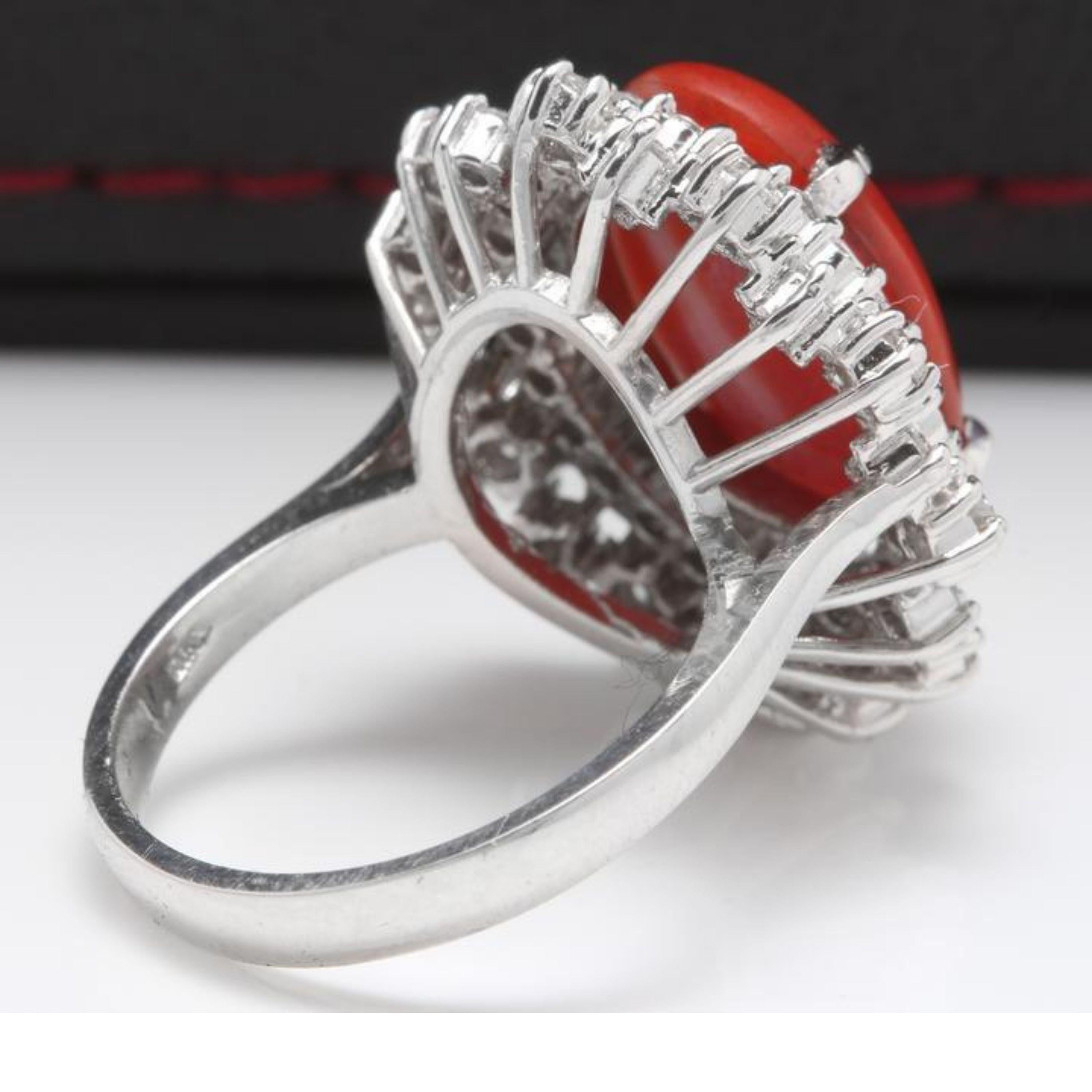 8.00 Carat Impressive Coral and Diamond 14 Karat White Gold Ring In New Condition For Sale In Los Angeles, CA