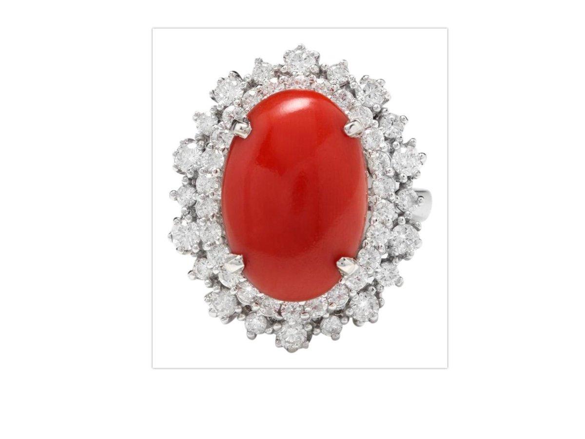 De las mujeres 8,00 Quilates Impresionante Anillo de Coral y Diamantes en Oro Blanco de 14 Kilates en venta