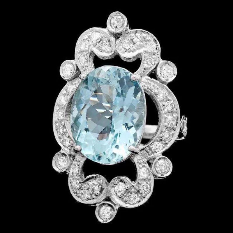 14 Karat massiver Weißgold Ring mit 8,00 Karat natürlichem Aquamarin und Diamant (Gemischter Schliff) im Angebot