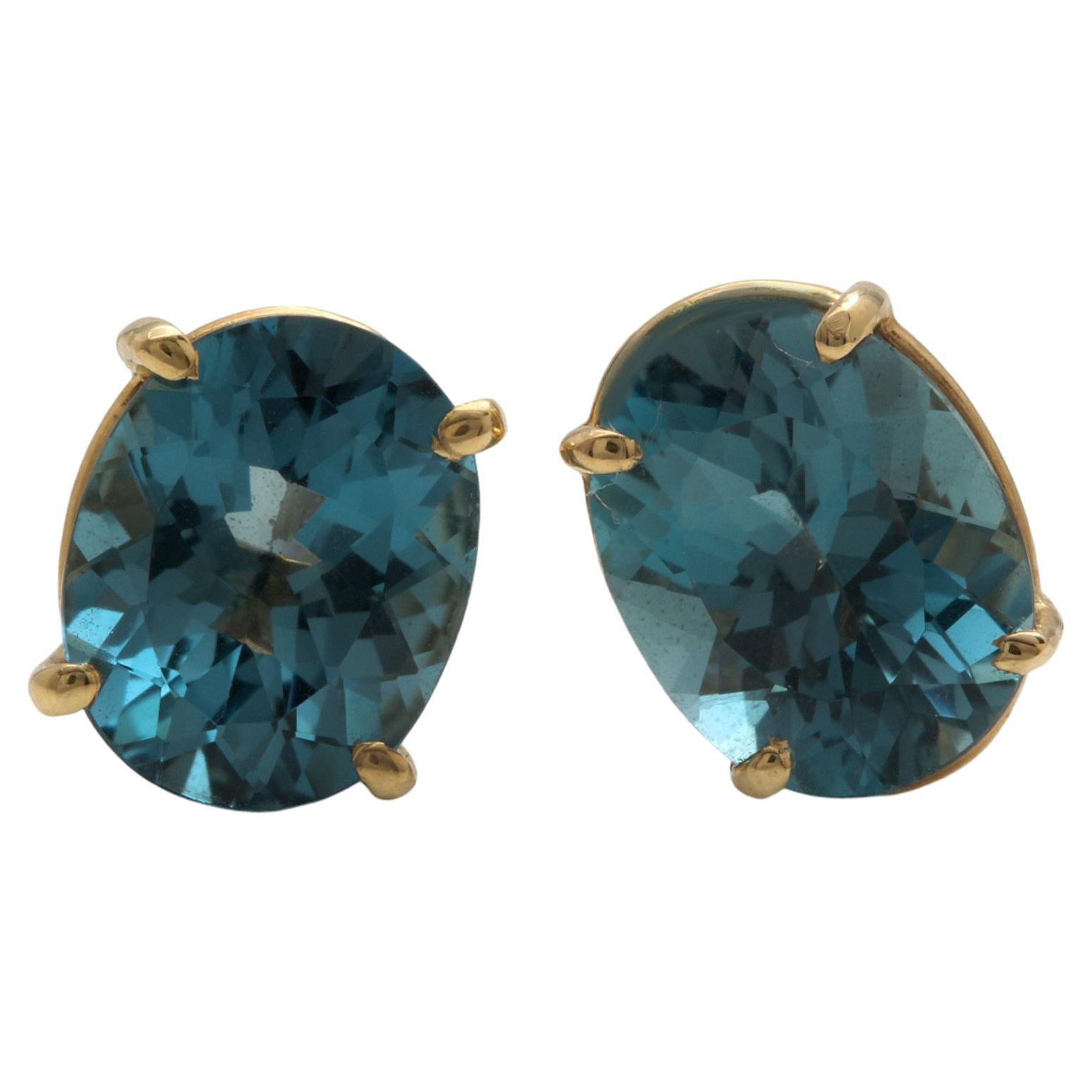 8.00 Carats Natural London Blue Topaz 14K Solid Yellow Gold Stud Earrings