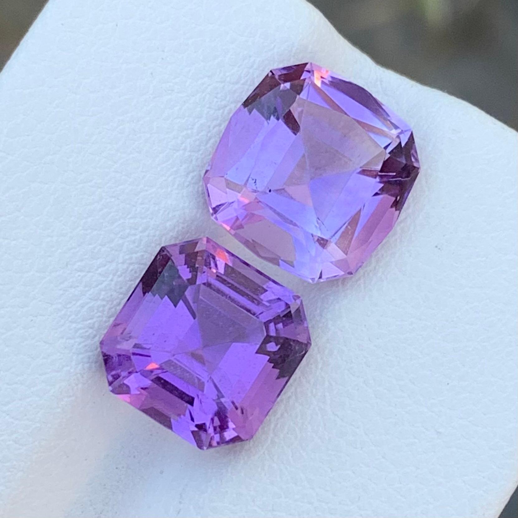 Loose Amethyst Pair 
Weight: 8.00 Carats 
Dimension: 10.3 x 10.1 x 6.6 Mm
                    9.3 x 9.1 x 7.2 Mm
Origin: Brazil 
Treatment: Non 
Certificate: On Demand 
Shape: Cushion and Asscher 

Amethyst, a regal and captivating gemstone, has