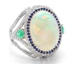 8.00 Carat Natural Opal, Sapphire, Emerald and Diamond 14K Solid White Gold Ring