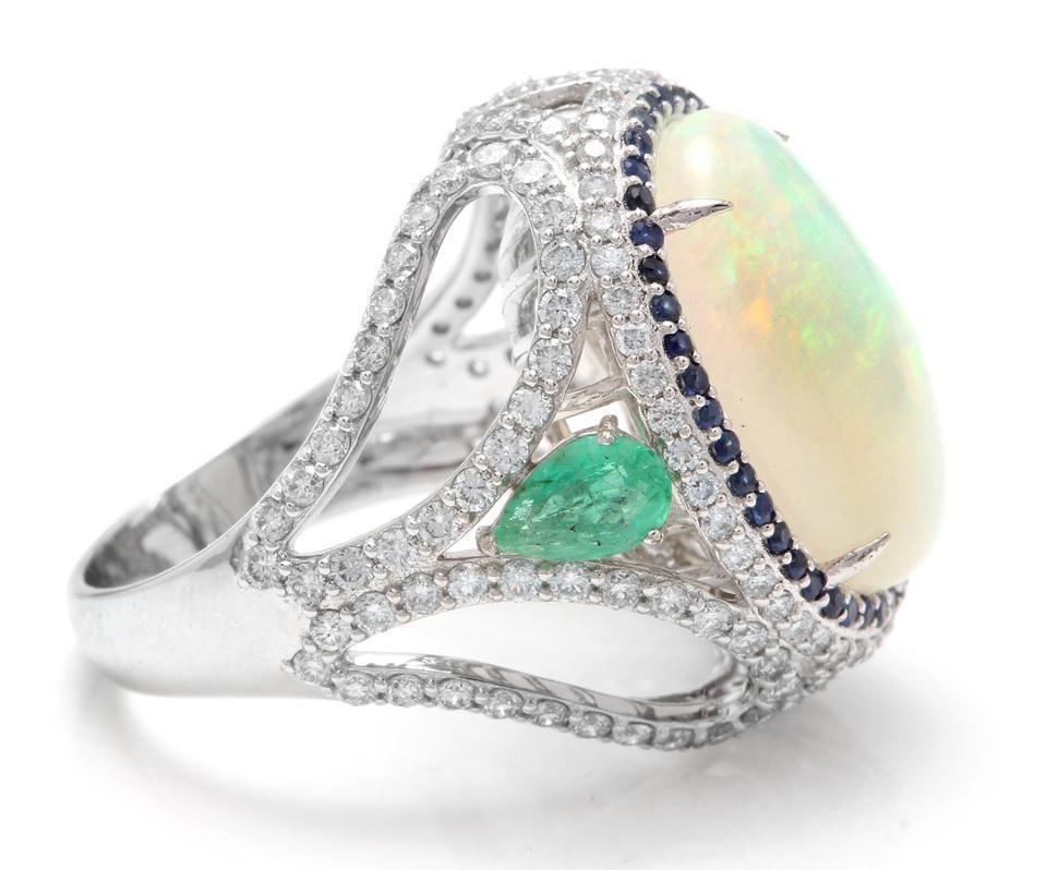 Mixed Cut 8.00 Carat Natural Opal, Sapphire, Emerald and Diamond 14K Solid White Gold Ring For Sale