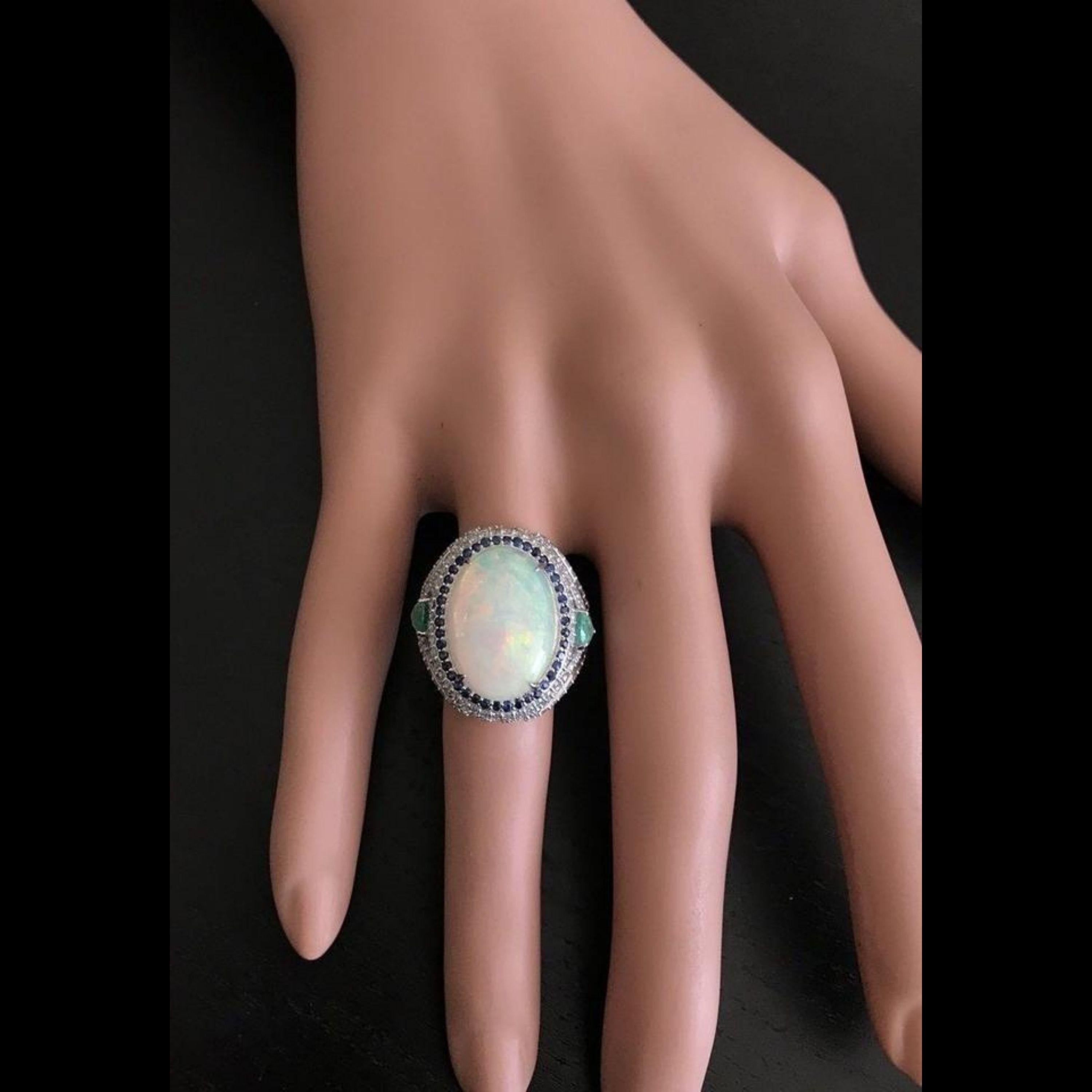 8.00 Carat Natural Opal, Sapphire, Emerald and Diamond 14K Solid White Gold Ring For Sale 3