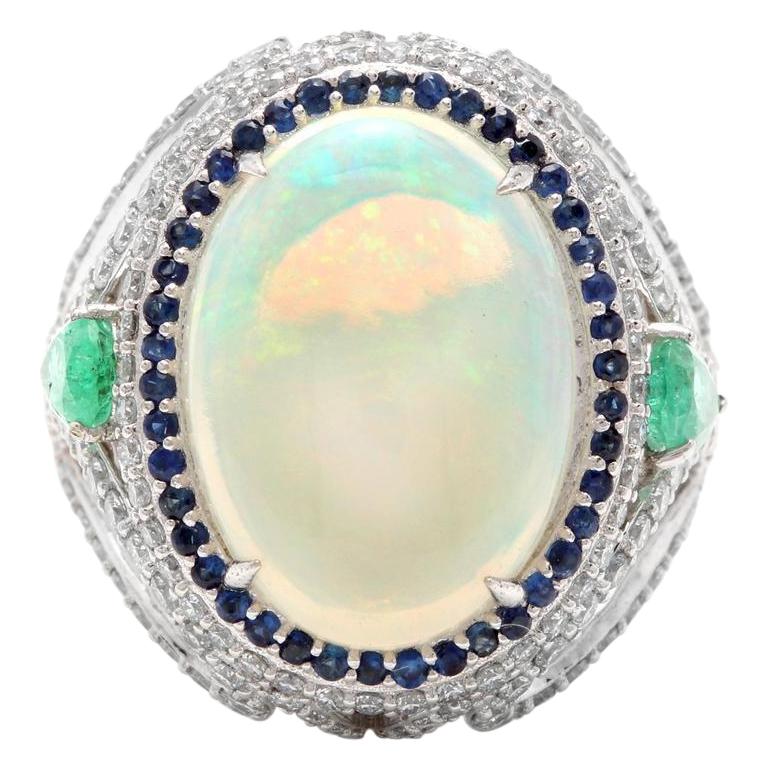 Anello in oro bianco massiccio 14K da 8,00 carati con opale naturale, zaffiro, smeraldo e diamante