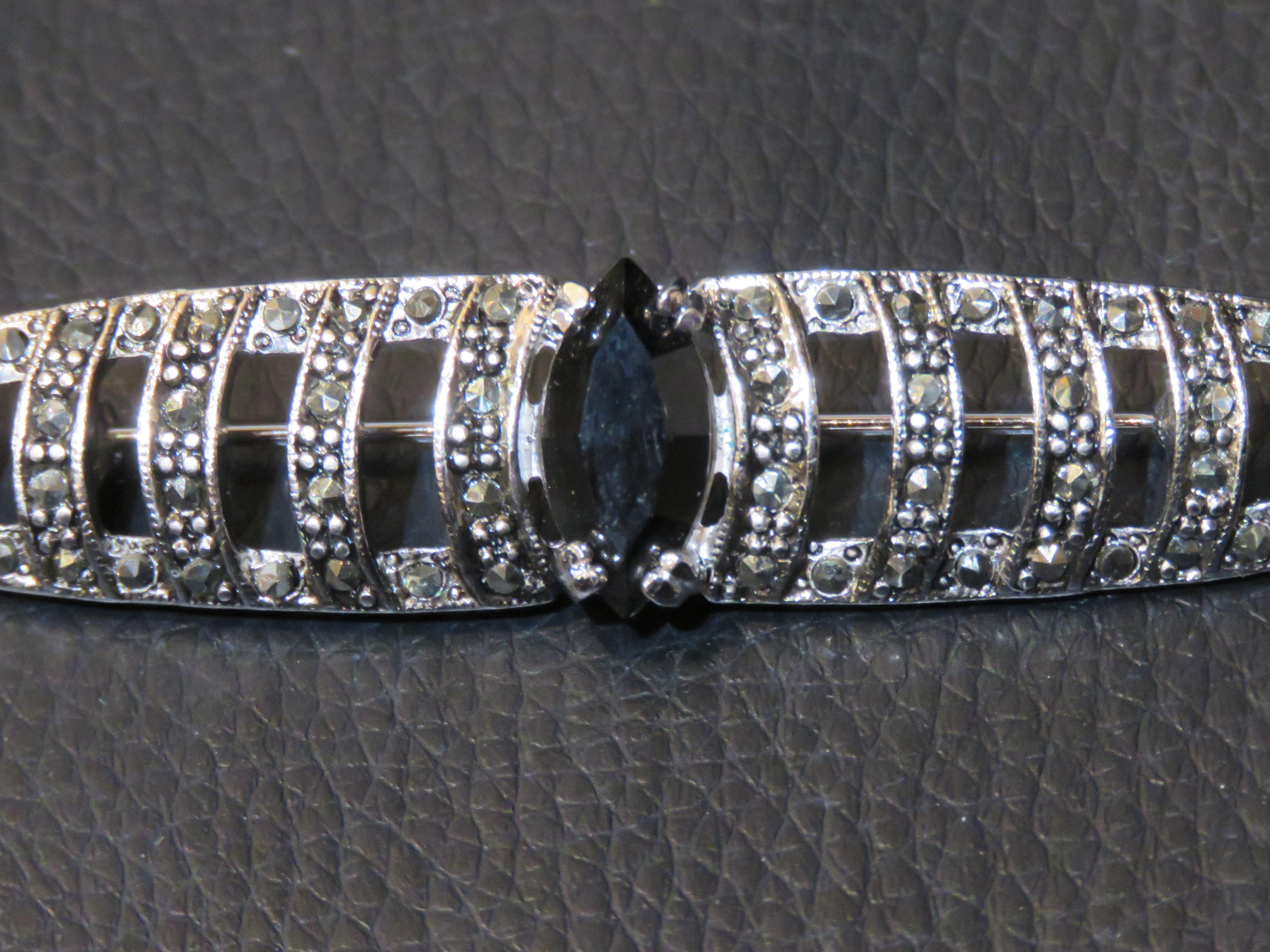 Mixed Cut $800 Important 18KT Overlaid Gold Estate Art Deco Marcasite Crystal Brooch Pin For Sale