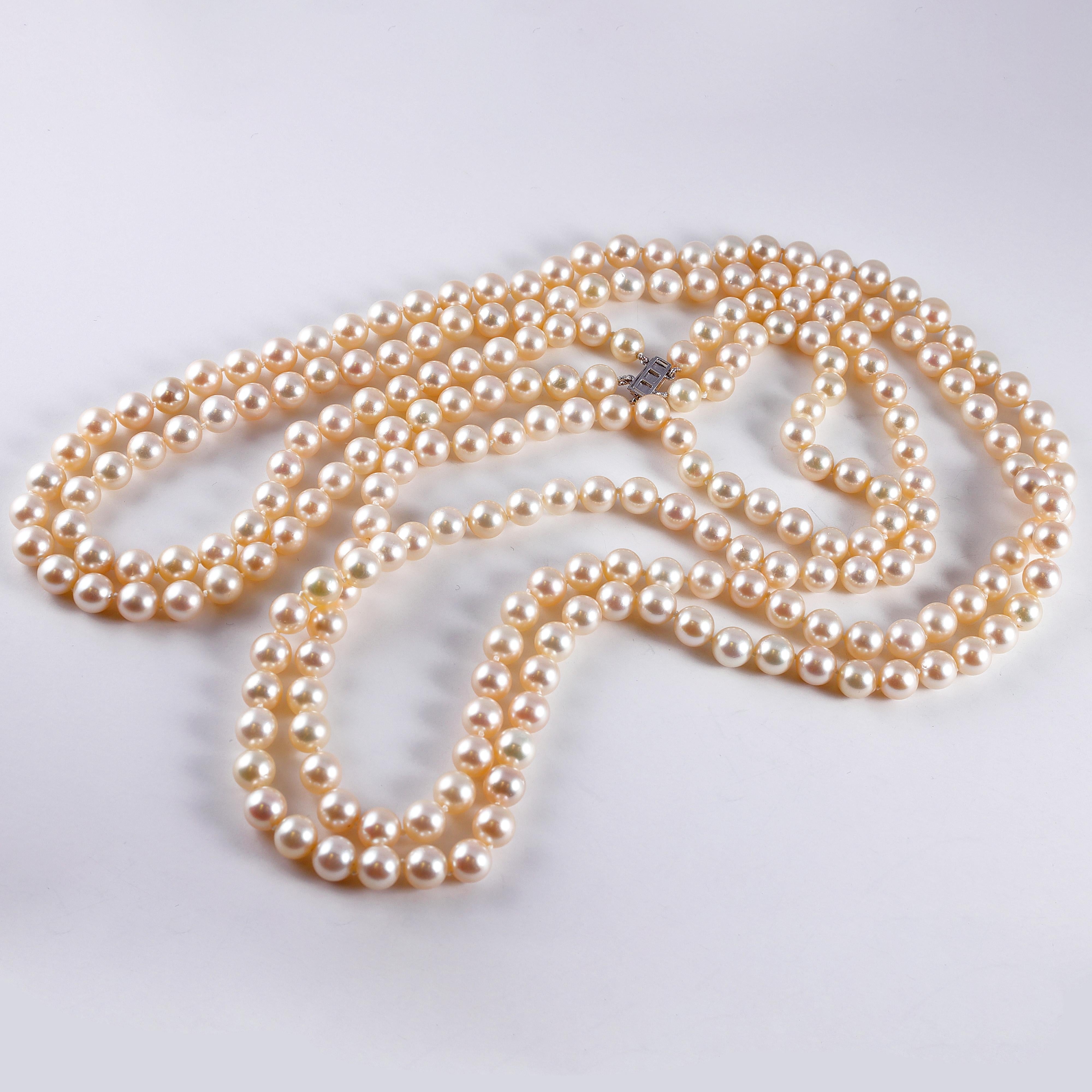 Women's or Men's Cultured Pearl Long Necklace Diamond Clasp