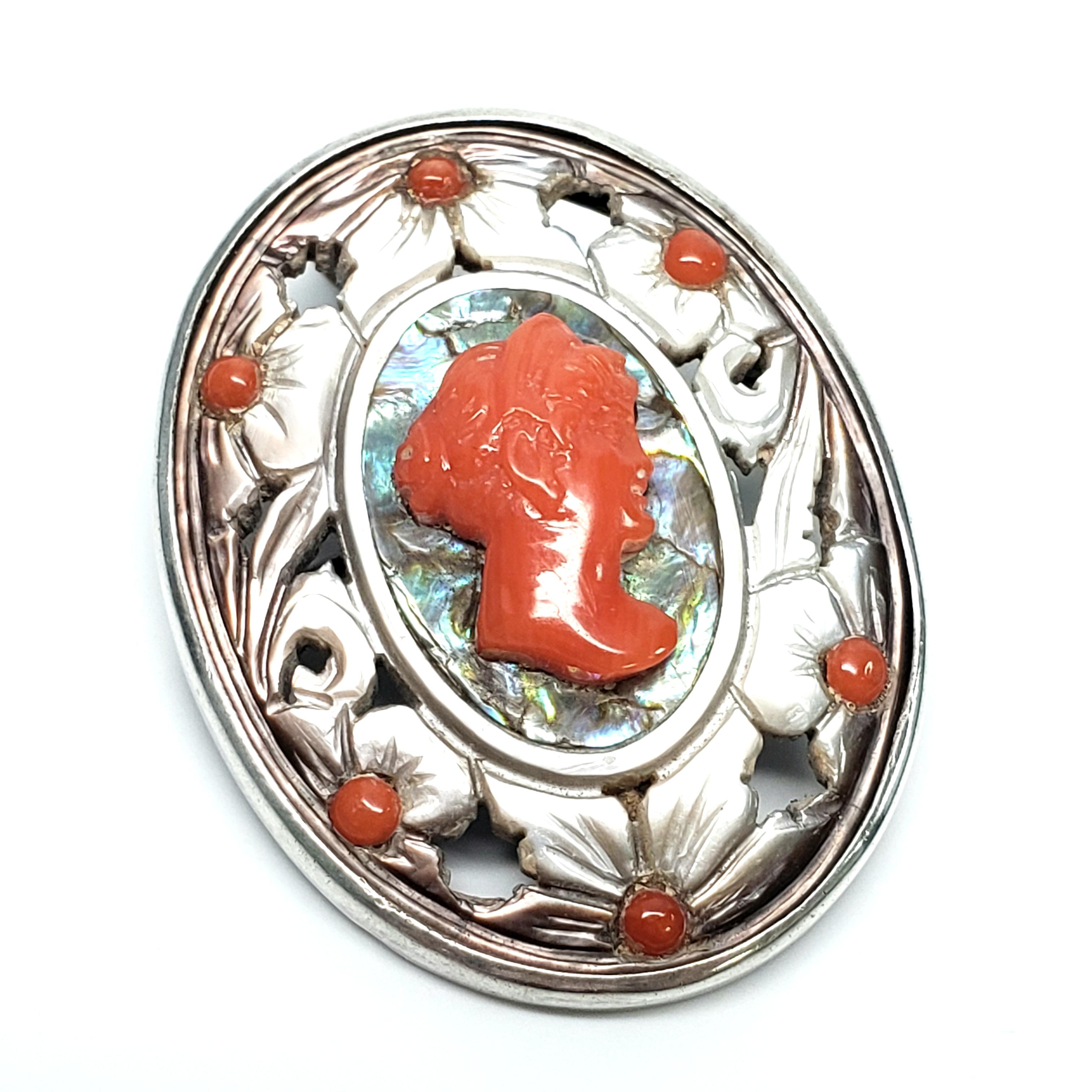 Women's 800 Silver Abalone, Mother of Pearl and Red Coral Cameo Pendant/Pin