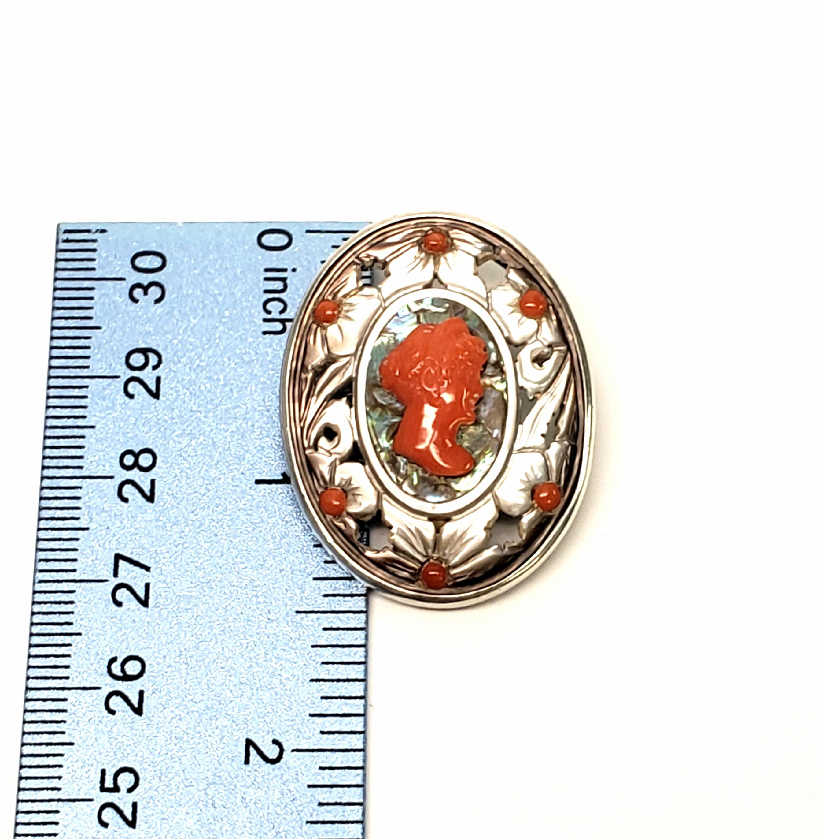 800 Silver Abalone, Mother of Pearl and Red Coral Cameo Pendant/Pin 2