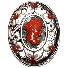 800 Silver Abalone, Mother of Pearl and Red Coral Cameo Pendant/Pin