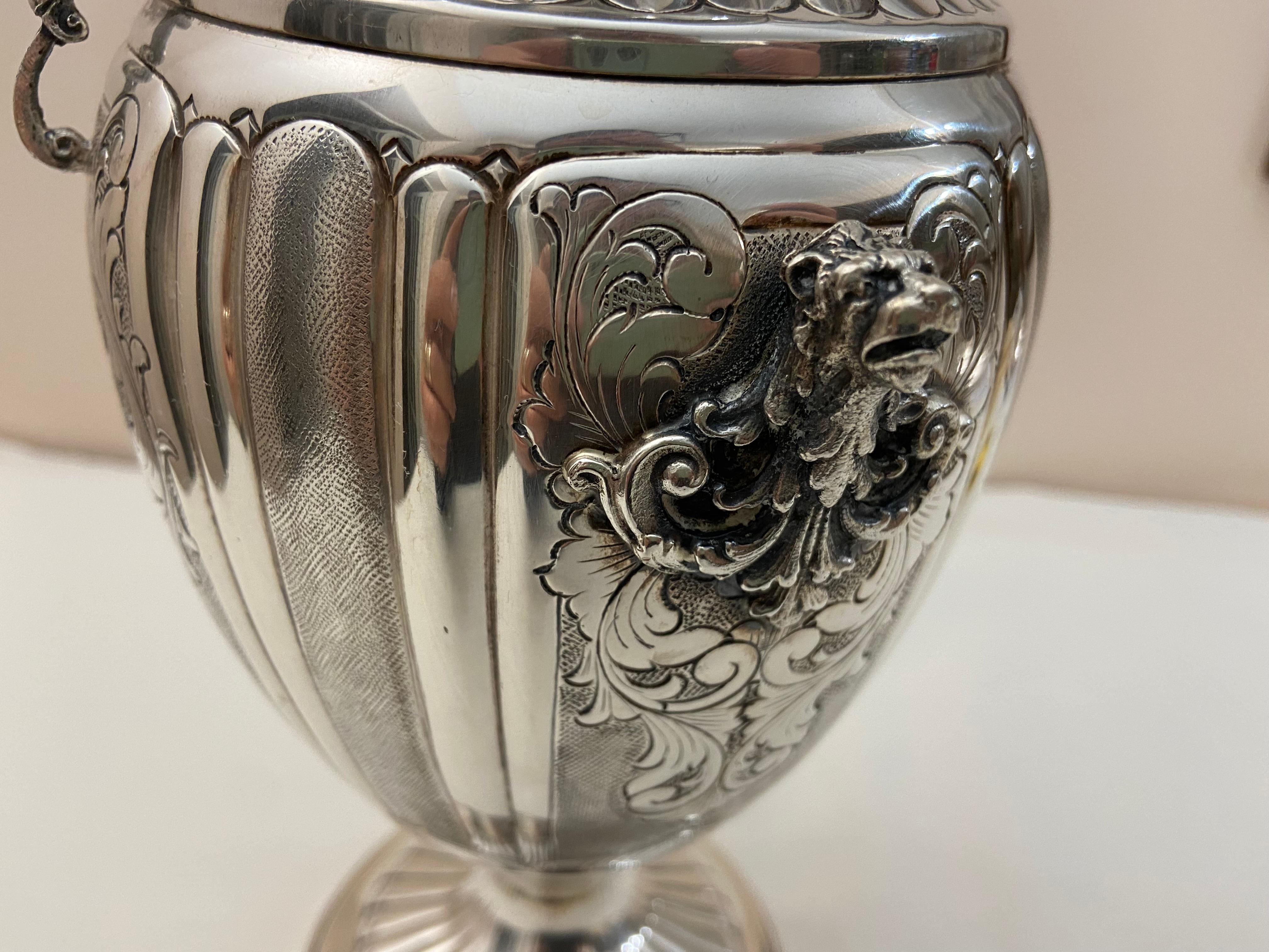 800 Silver Amphora. Measures 32 cm by 19 cm. Finely worked. It weighs 665 grams. Italian production. Shipped in an elegant gift box.