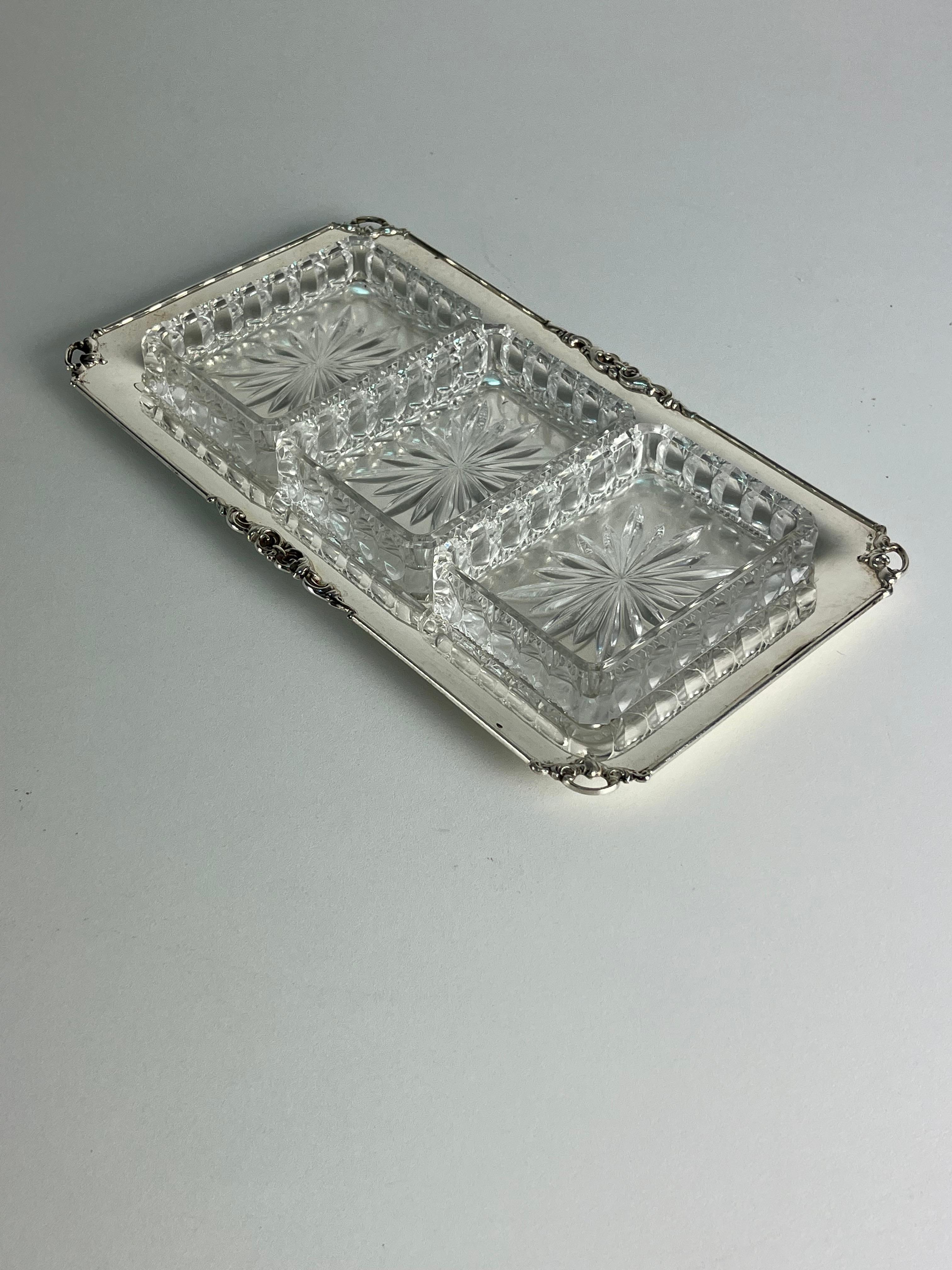 Fine XX secolo 800 Piatto da antipasto in argento e vetro, Made in Italy, anni '80 in vendita