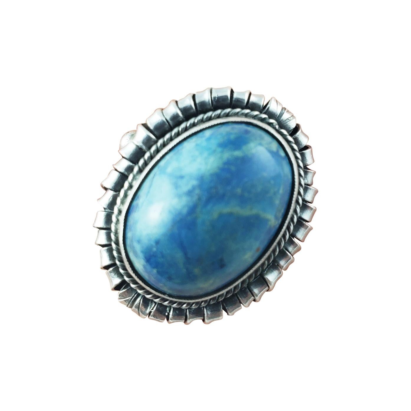 800 Silver Blue Marbled Cabochon Stone Ring For Sale