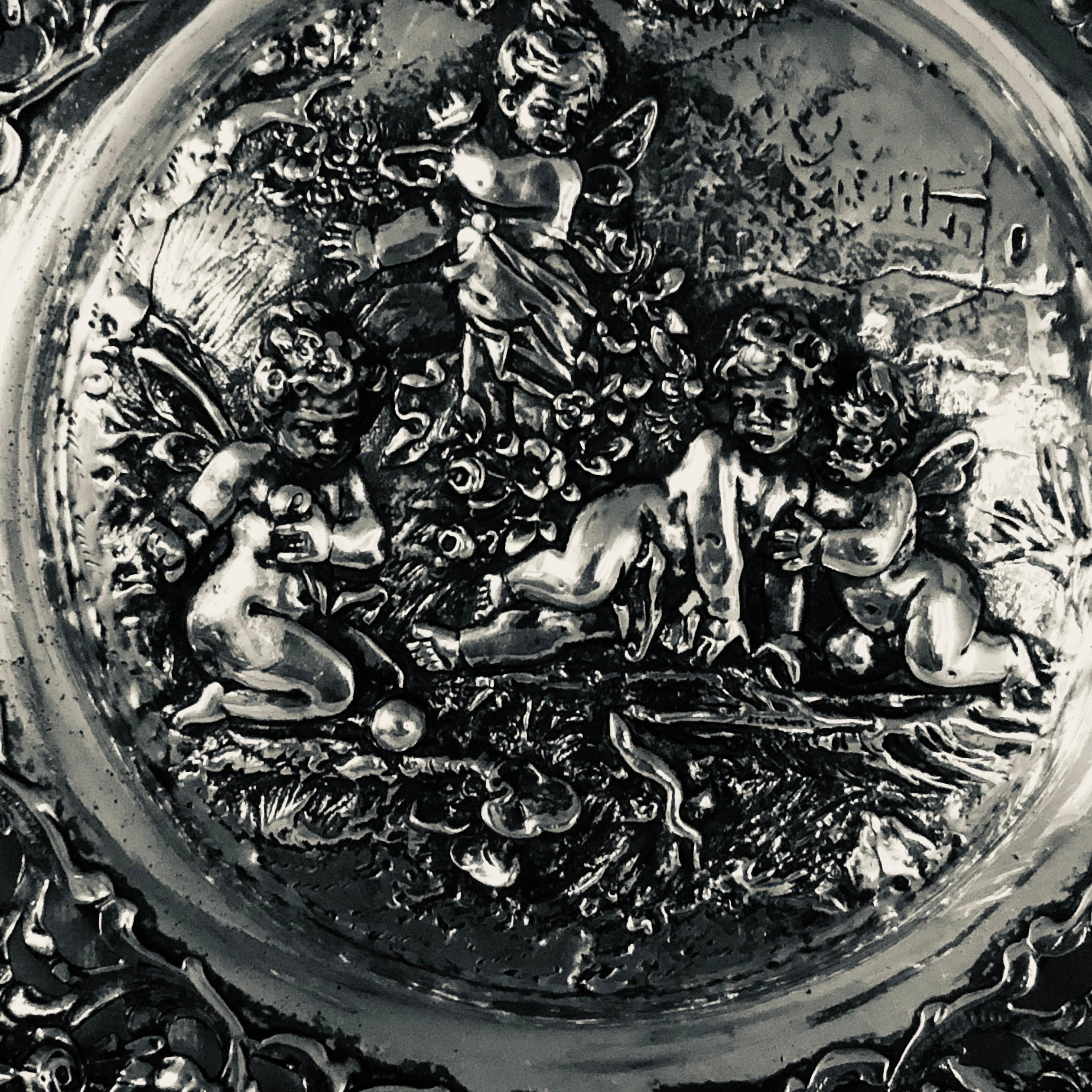 Rococo 800 Silver Bowl with 4 Cherubs in the Center & Garlands of Flowers & Birds