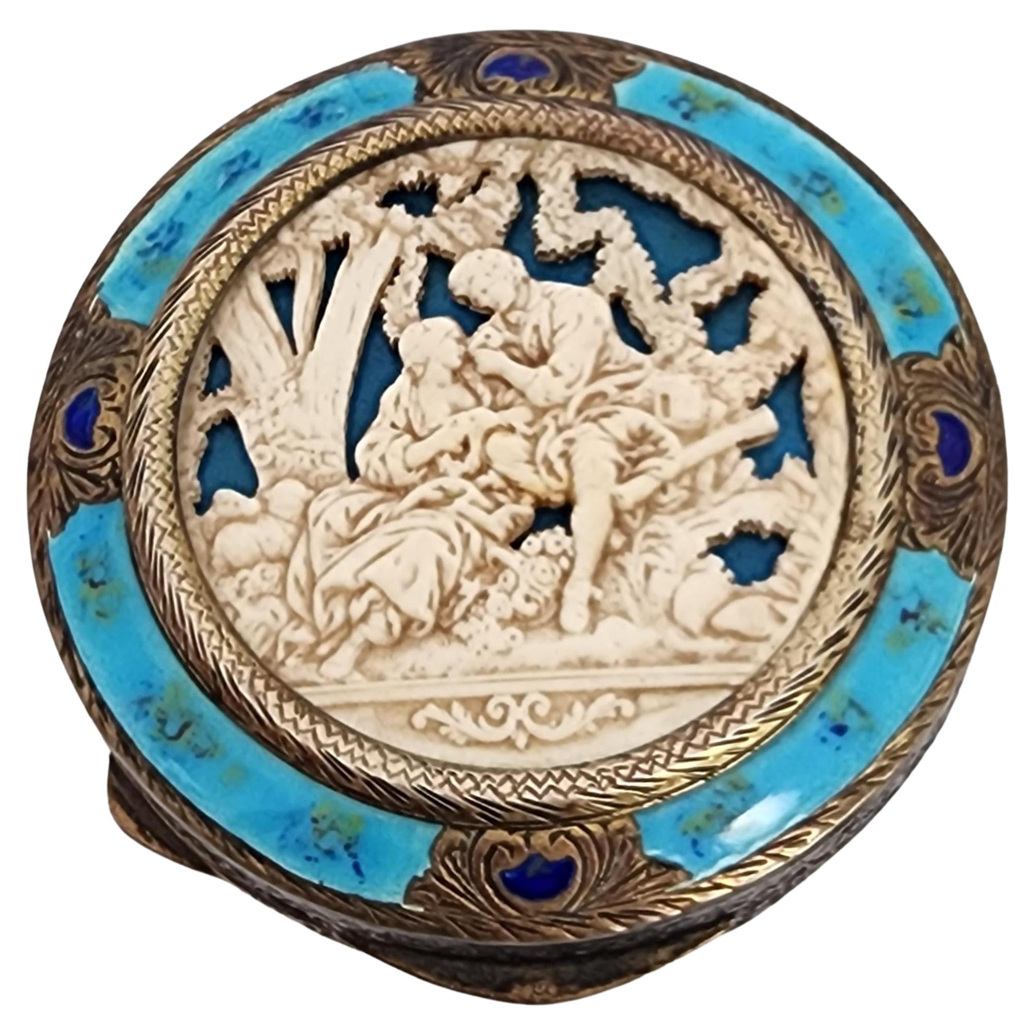 Italienischer geschnitzter Muschelspiegel, 800er Silber Gold Vermeil, Komapct #18463 im Angebot