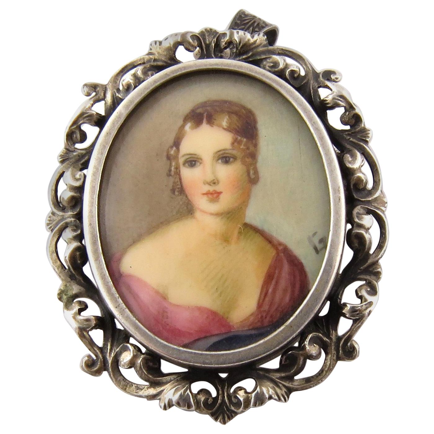 800 Silver Hand-Painted Portrait Brooch or Pendant