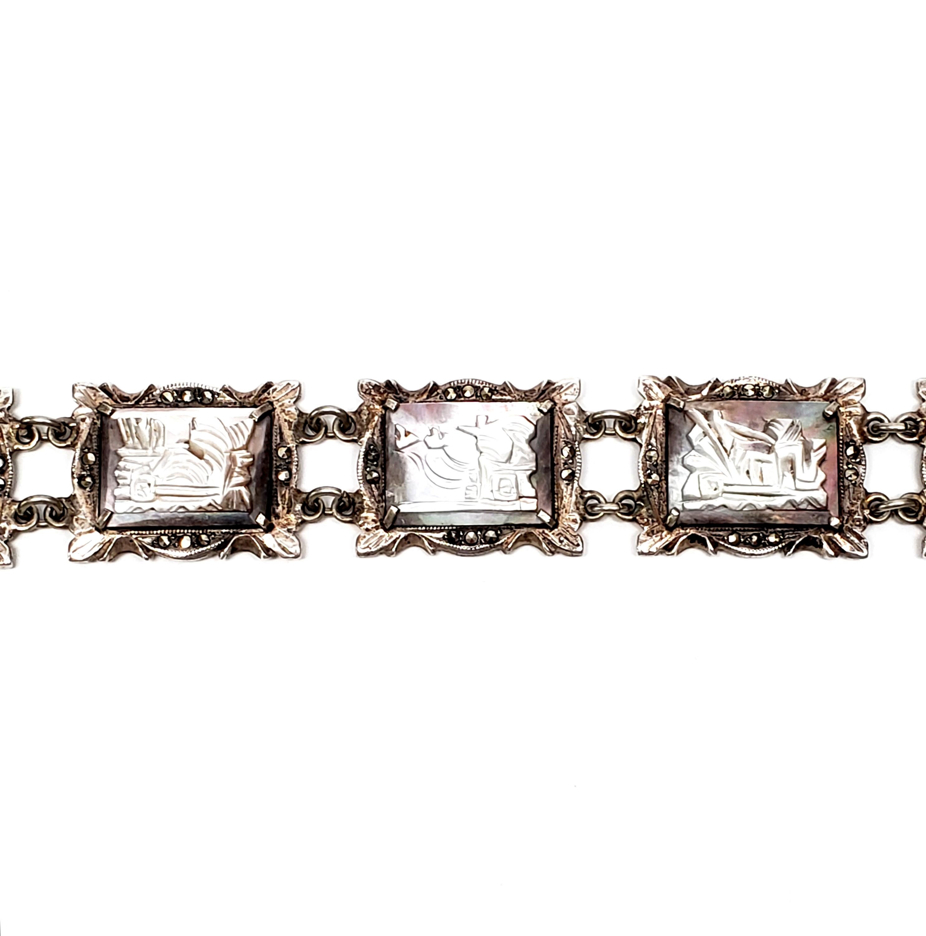 Women's 800 Silver Marcasite Carved Abalone Panel Link Bracelet