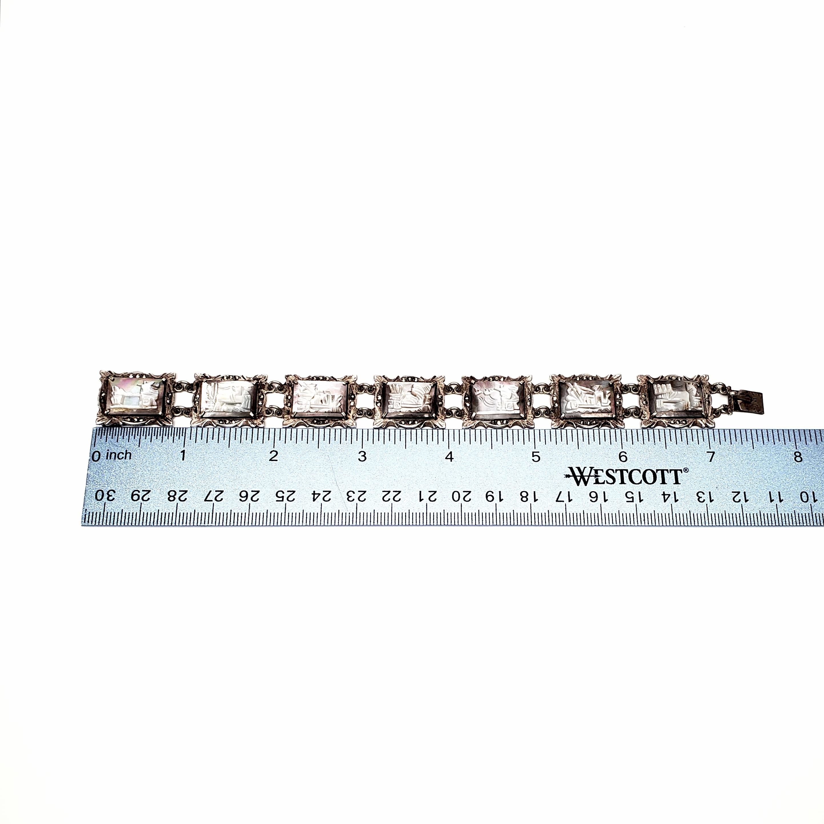 800 Silver Marcasite Carved Abalone Panel Link Bracelet 2