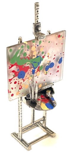 .800 Silver Miniature Artist Easel & Modern Painting Trompe l'oeil Sculpture