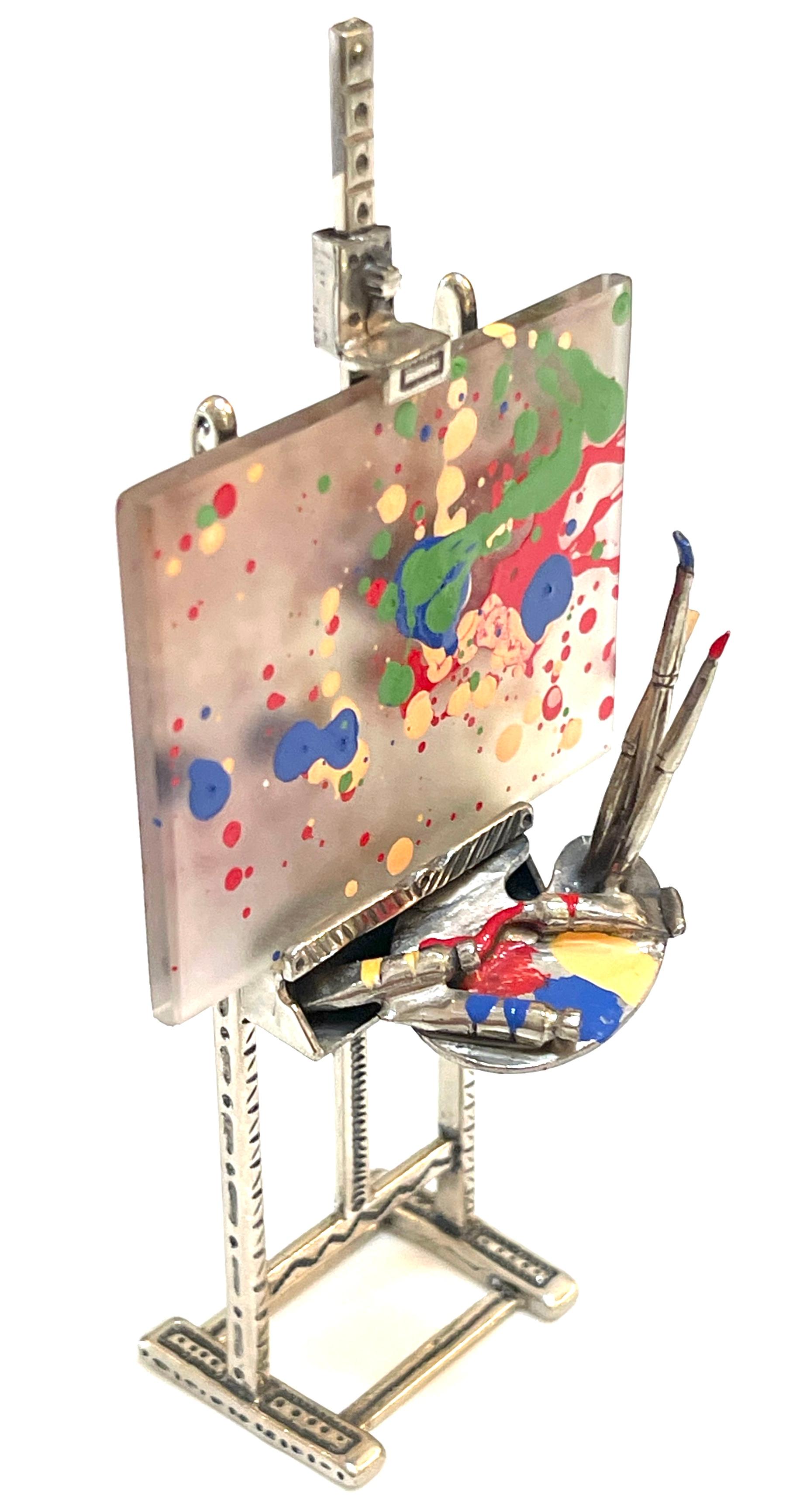 Sterling Silver .800 Silver Miniature Artist Easel & Modern Painting Trompe l'oeil Sculpture For Sale