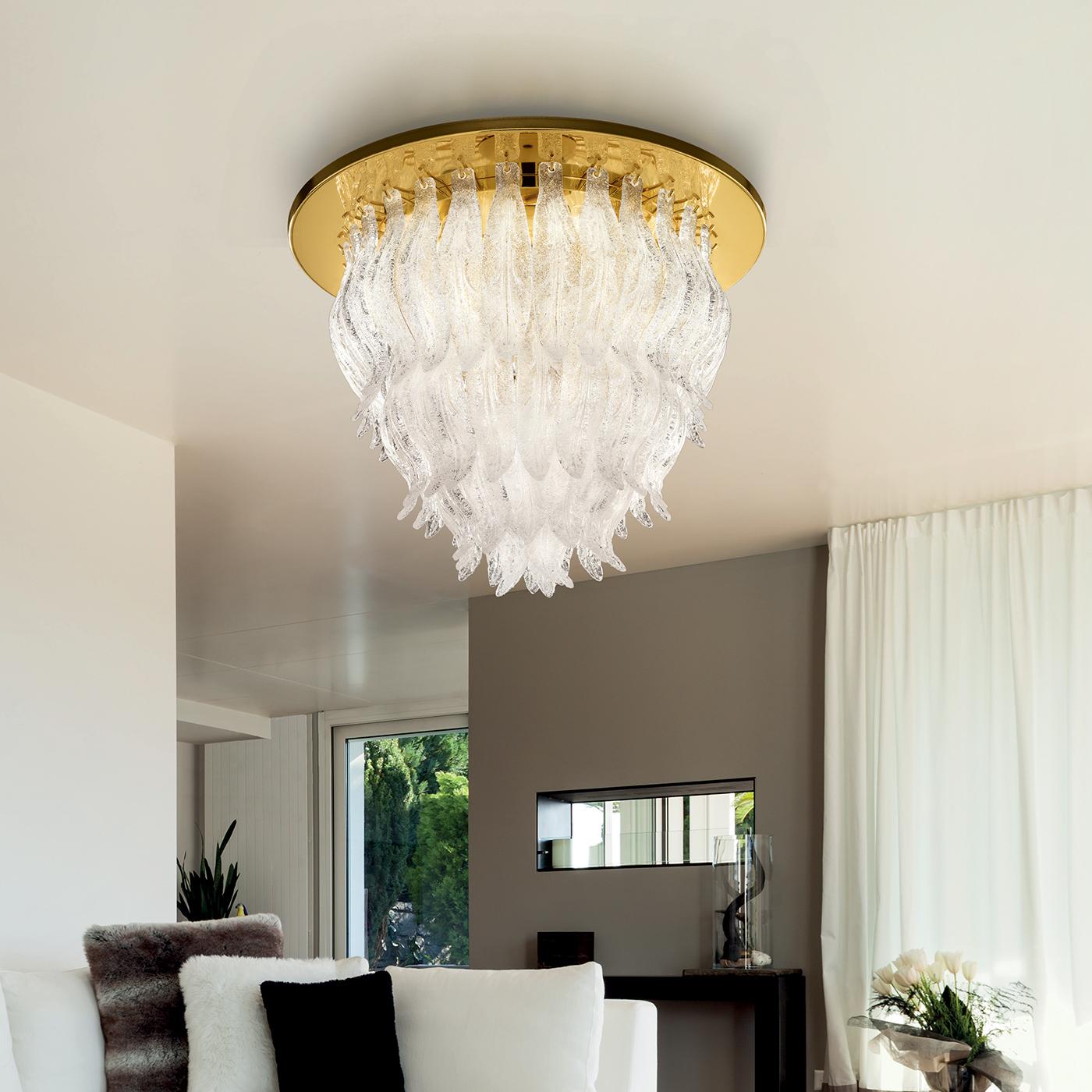 A spectacular design is the characterizing feature of this dazzling crystal ceiling light. This fabulous lighting fixture boasts a cascade of decorative crystals in layered circular rows which is perfectly complimented by the structure detail in