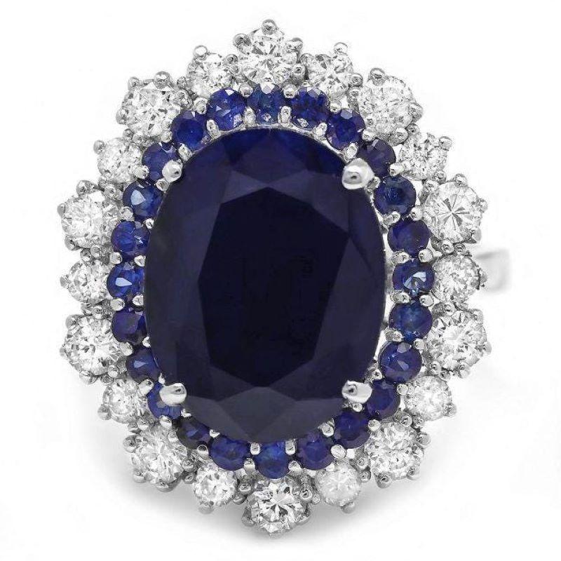 Mixed Cut 8.00ct Natural Blue Sapphire & Diamond 14k Solid White Gold Ring For Sale