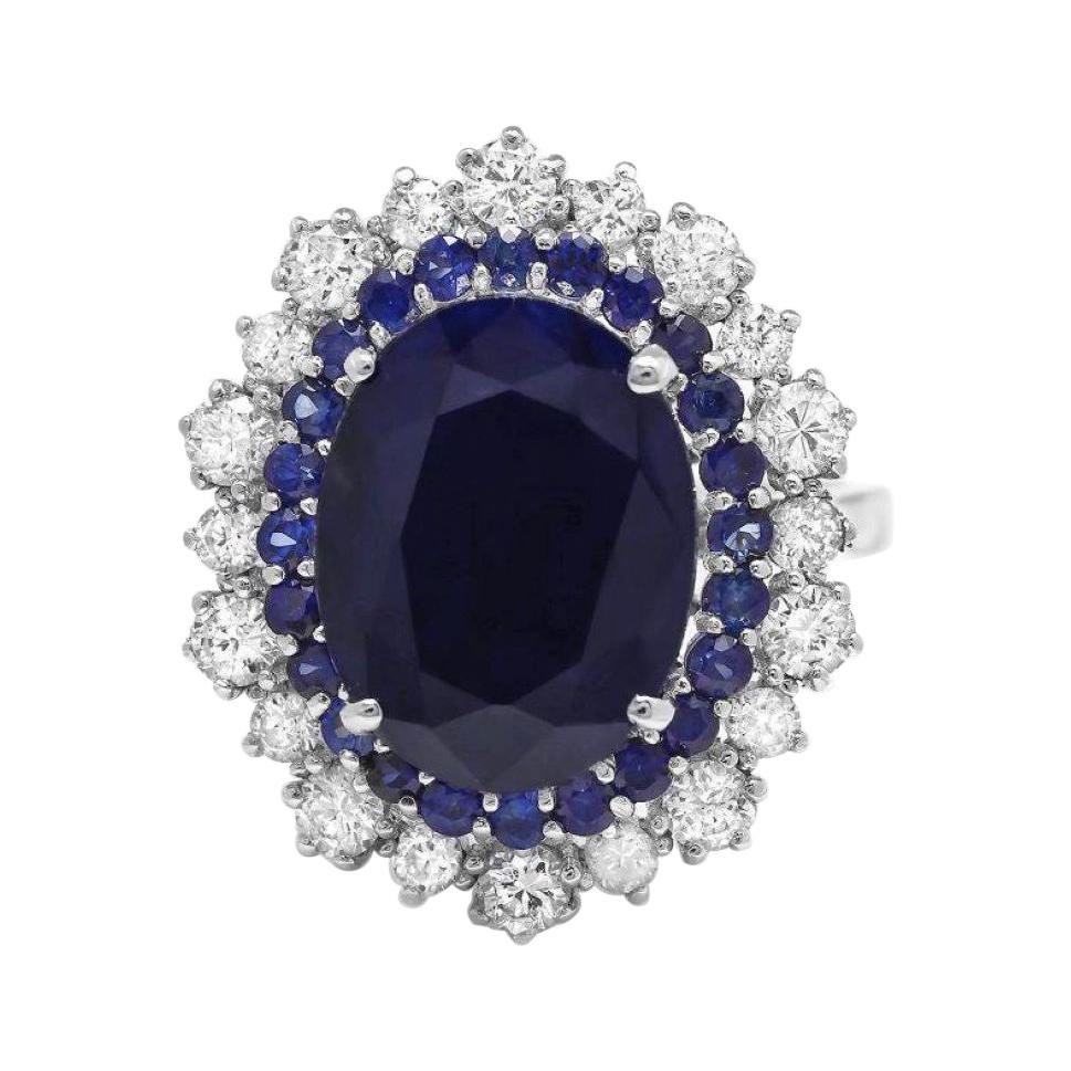 Bague en or blanc massif 14 carats avec saphir bleu naturel de 8,00 carats et diamants