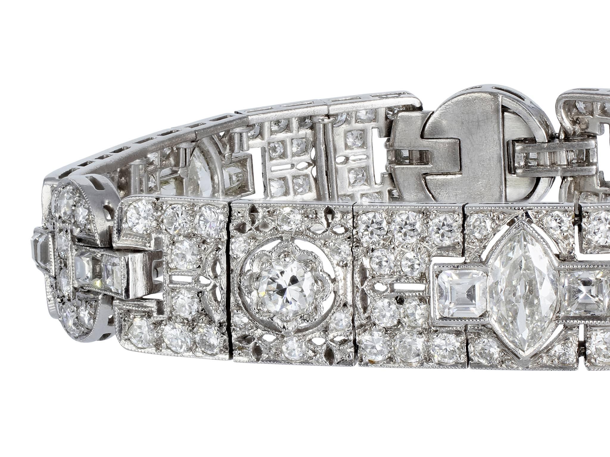 Platinum Art Deco flexible bracelet consisting of approximately 8.00 carats total weight of Old European cut diamonds.