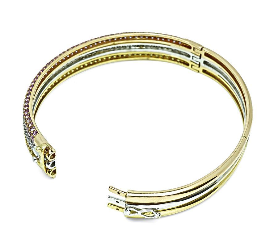 Zaffiro rosa e giallo da 8,00 ct. e diamante da 3,30 ct. Bangle in oro a tre toni In condizioni buone in vendita a New York, NY