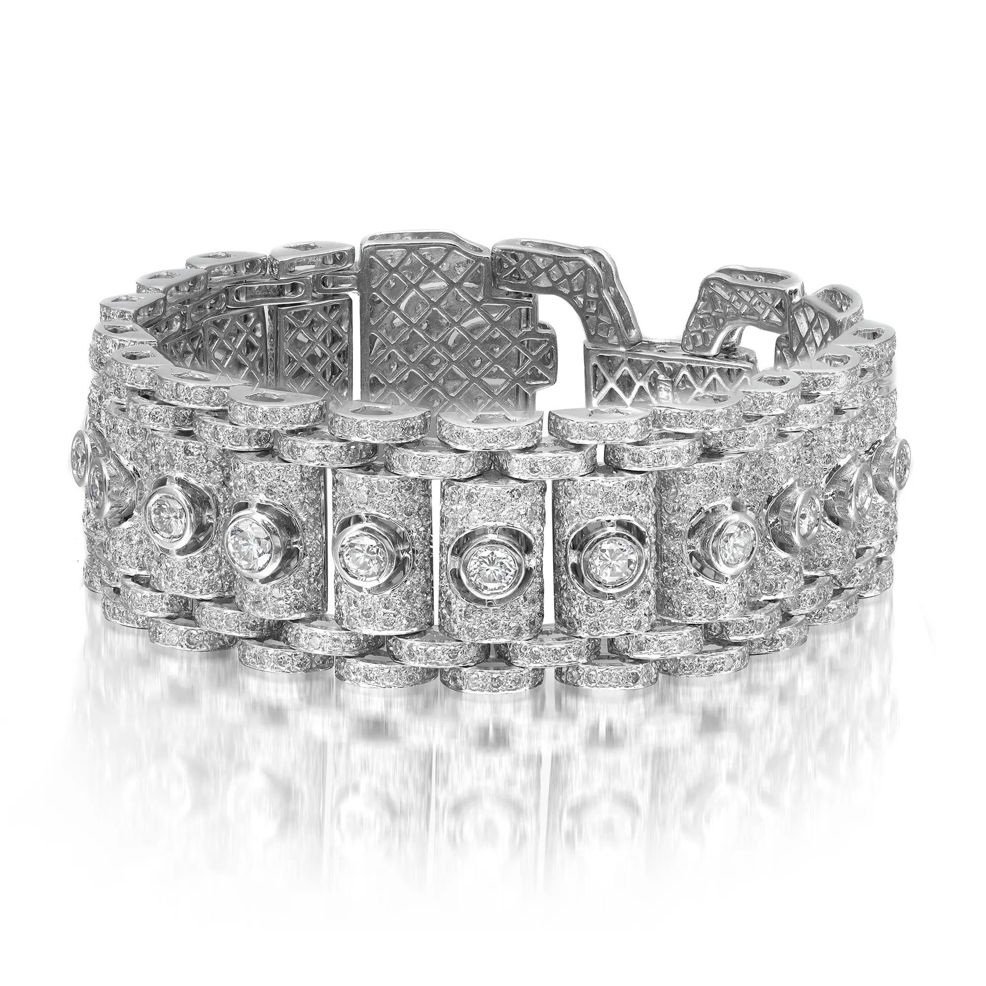 8.00cttw Antique Round Cut Diamond Wide Fancy Bracelet 18k White Gold In Excellent Condition For Sale In New York, NY