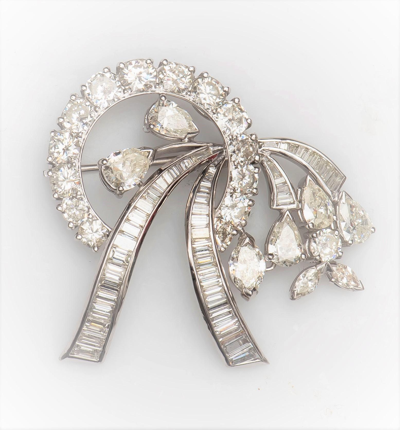 Pear Cut 8.00Ctw Mix Shaped Diamond Convertible Brooch & Pendant in Ribbon Floral Design