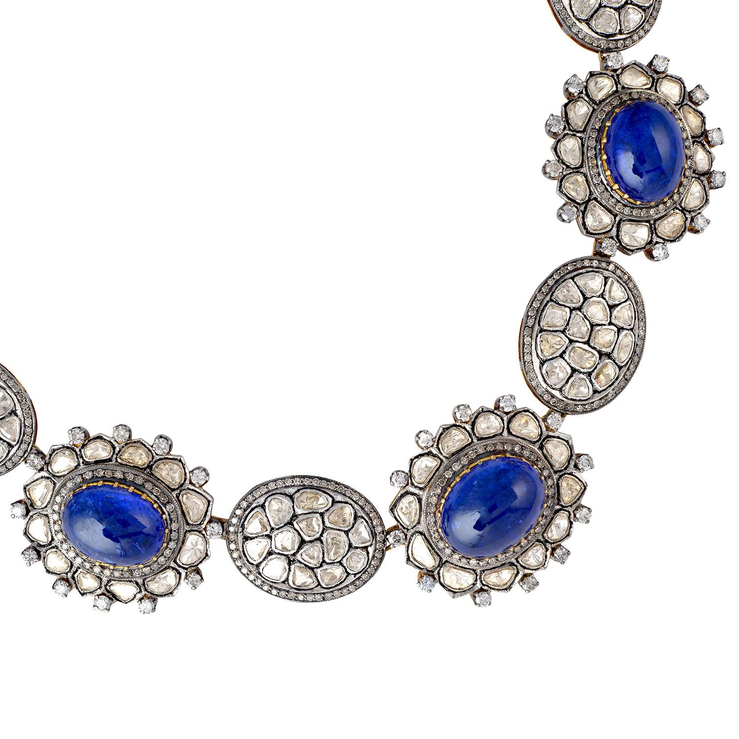 The Maharaja collection inspired by the Moghul Era & Indian heritage. A stunning necklace handmade in 14K gold and sterling silver. It is set in 80.1 carats tanzanite & encrusted with 18.91 carats of rose cut diamonds. Lobster clasp