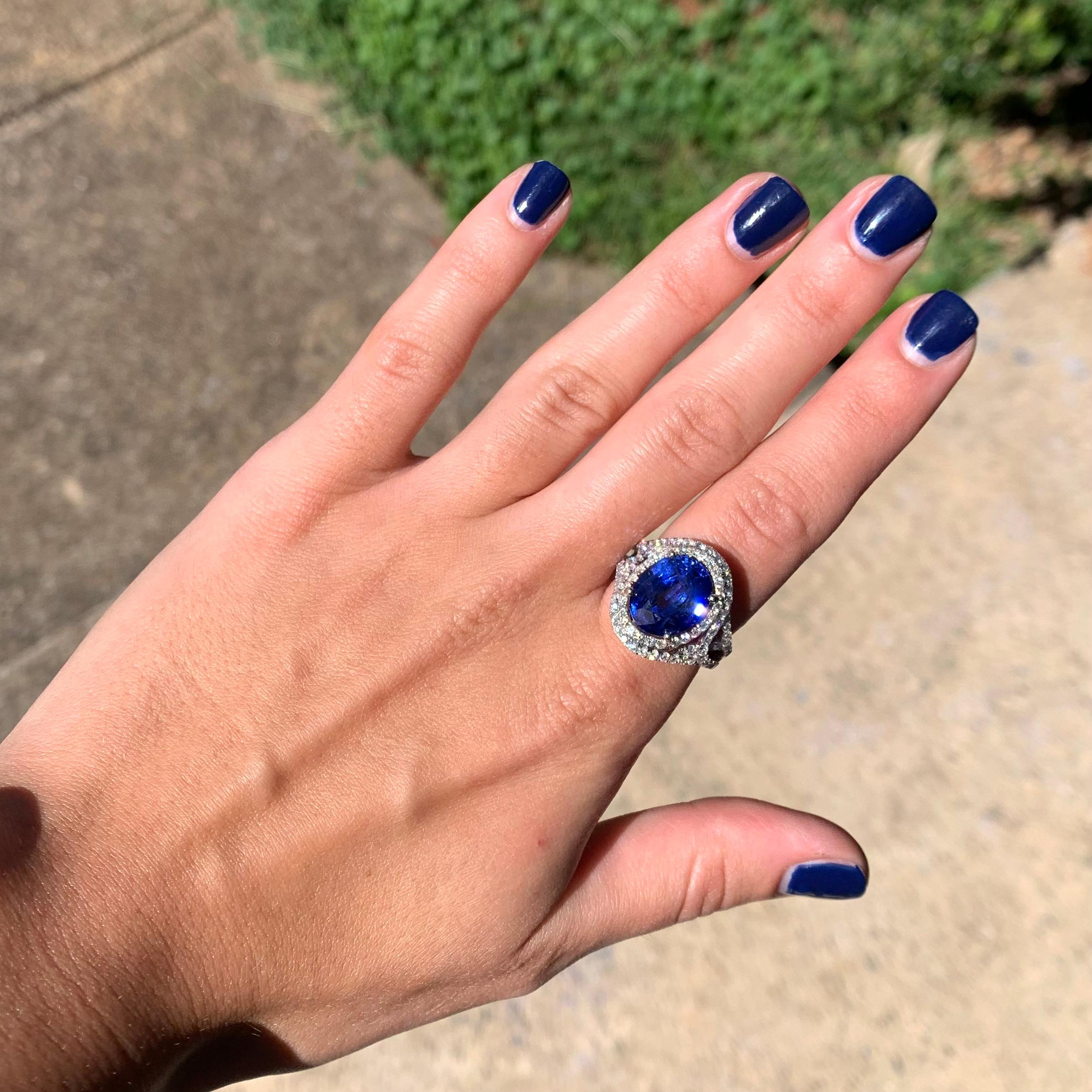 8.01 CT Blue Oval Sapphire and Diamond Ring In Excellent Condition In Lynchburg, VA