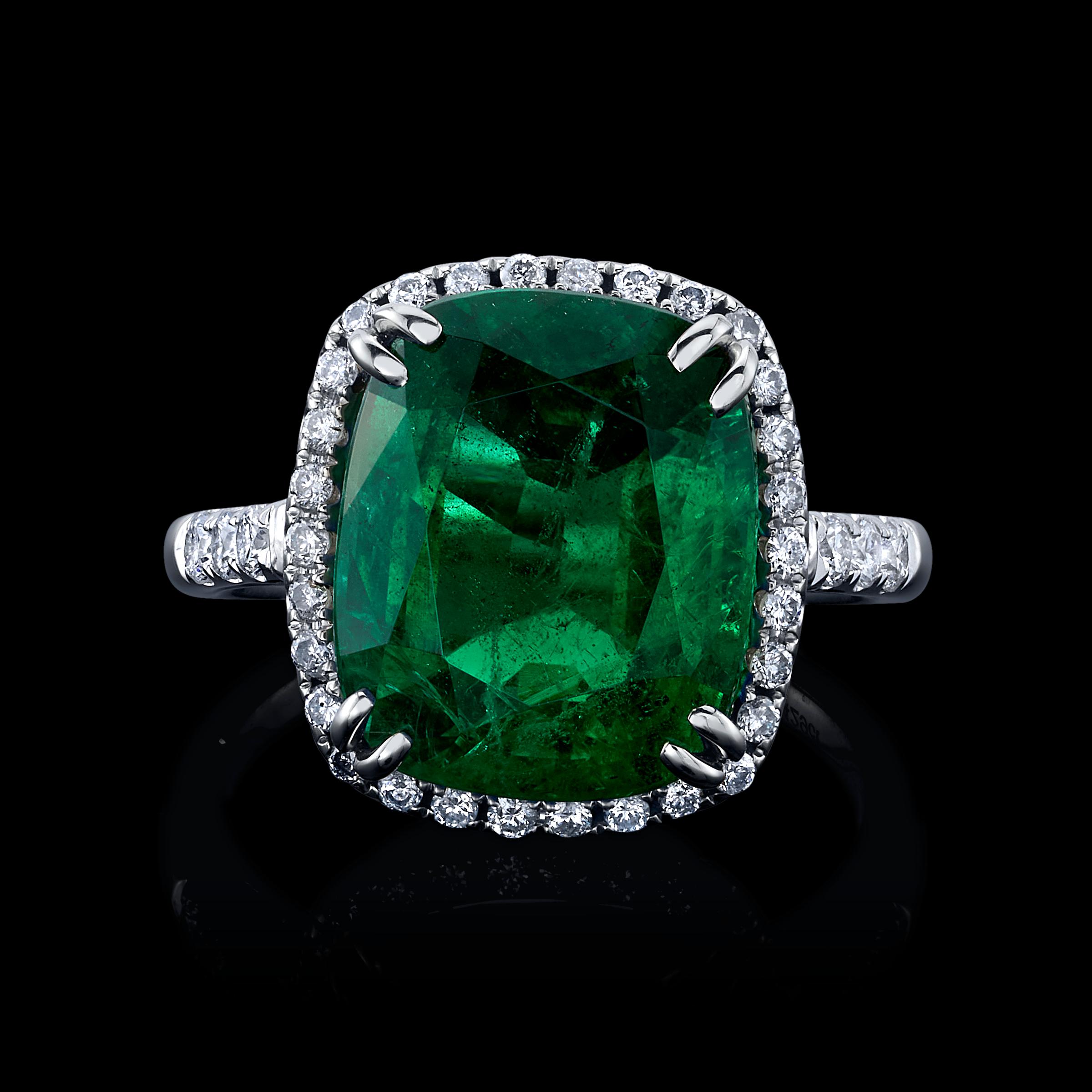 8.01ct Cushion Green Emerald, set in platinum with 0.42cttw colorless melee