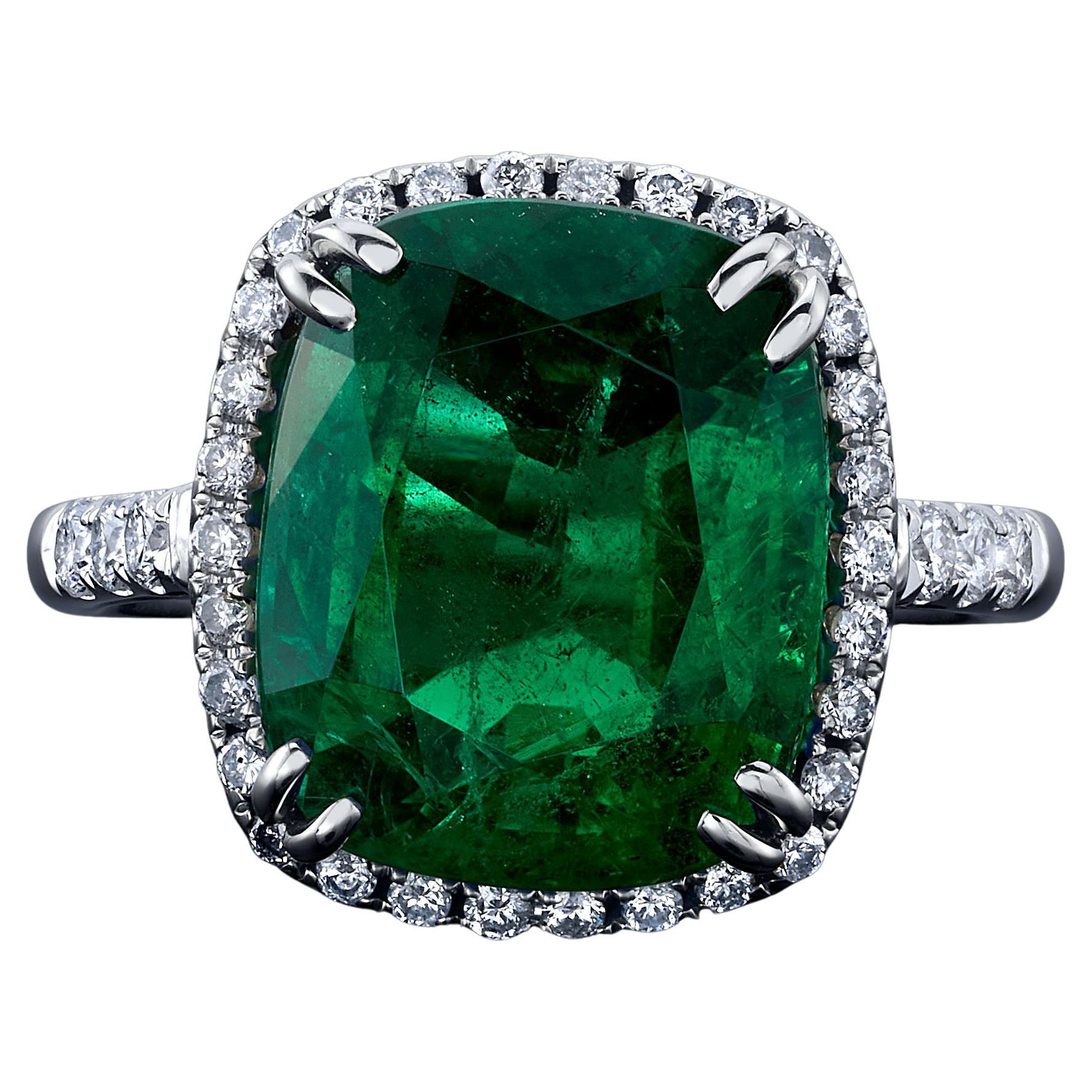 8.01ct Cushion Green Emerald & Diamonds Ring For Sale