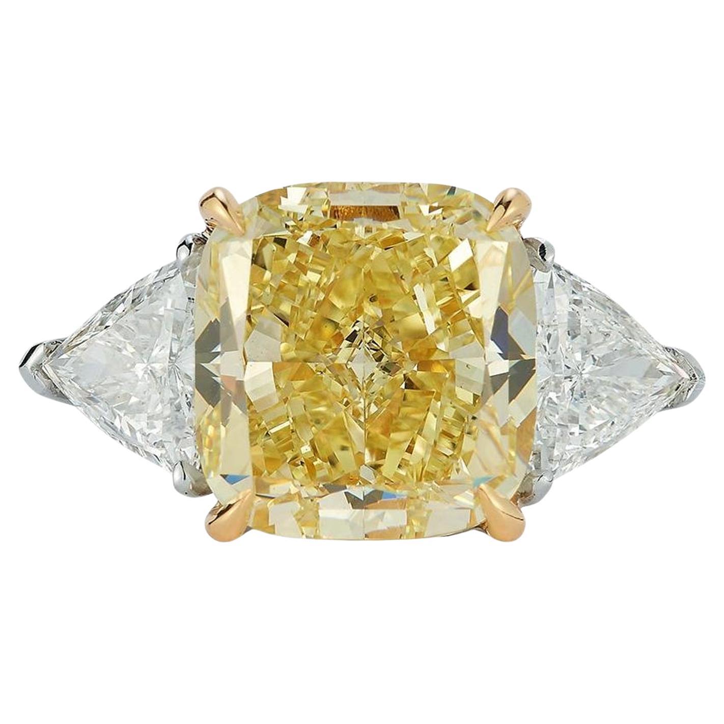 8.01ct GIA Cushion Cut Fancy Yellow 1.45ct Three-Stone Stunning Diamond Ring