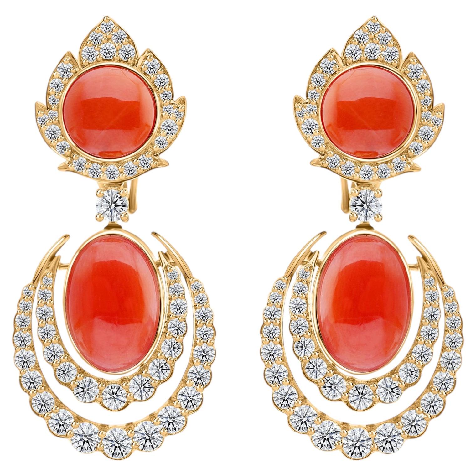 8.02 Carat Coral Gemstone 2.54 Carat SI/H Diamond Earrings 14 Karat Yellow Gold