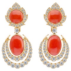 8.02 Carat Coral Gemstone 2.54 Carat SI/H Diamond Earrings 14 Karat Yellow Gold
