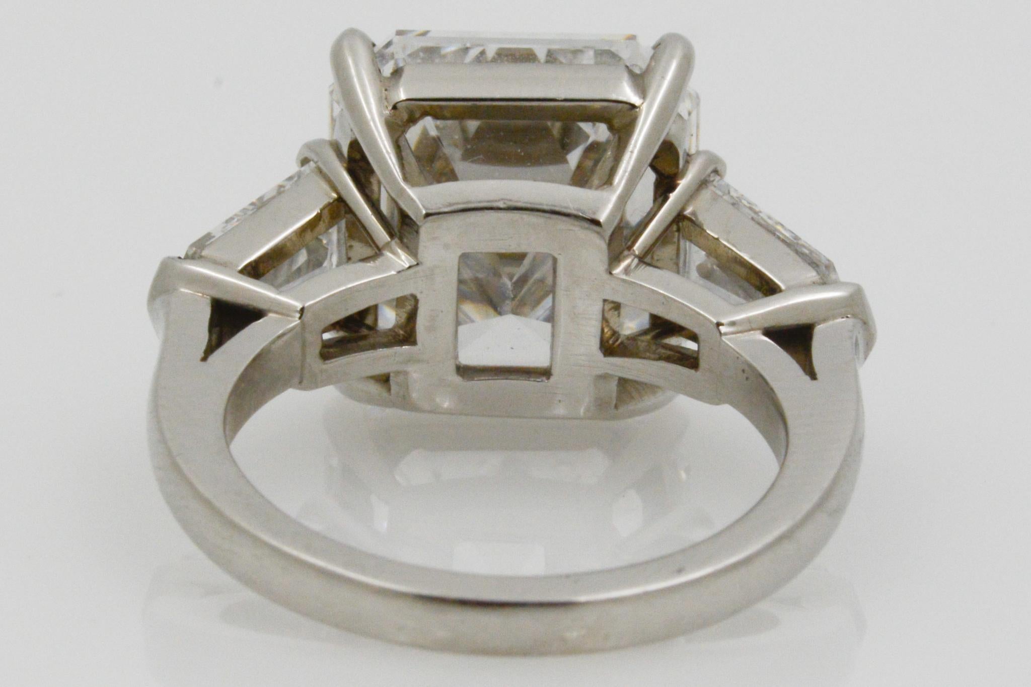 8.02 Carat GIA Three-Stone 8.02 Carat Emerald Cut Diamond Platinum Ring 9