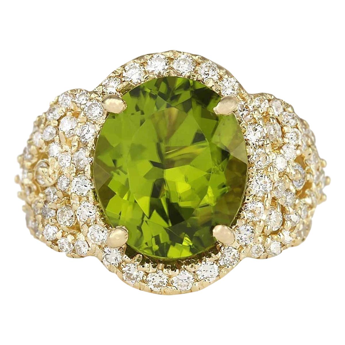 Natural Peridot 14 Karat Yellow Gold Diamond Ring For Sale