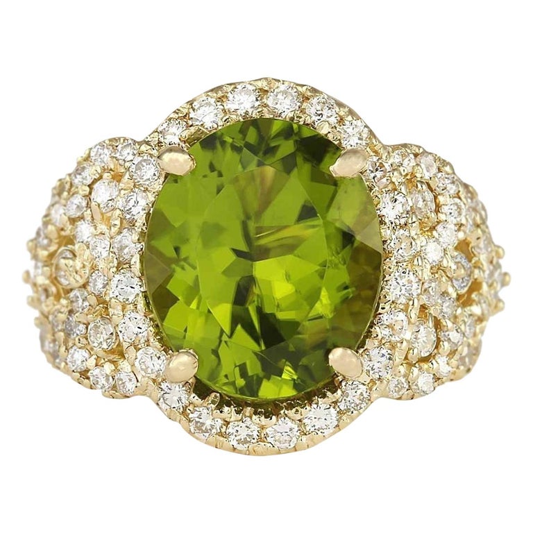 8.02 Carat Natural Peridot 18 Karat Yellow Gold Diamond Ring For Sale ...