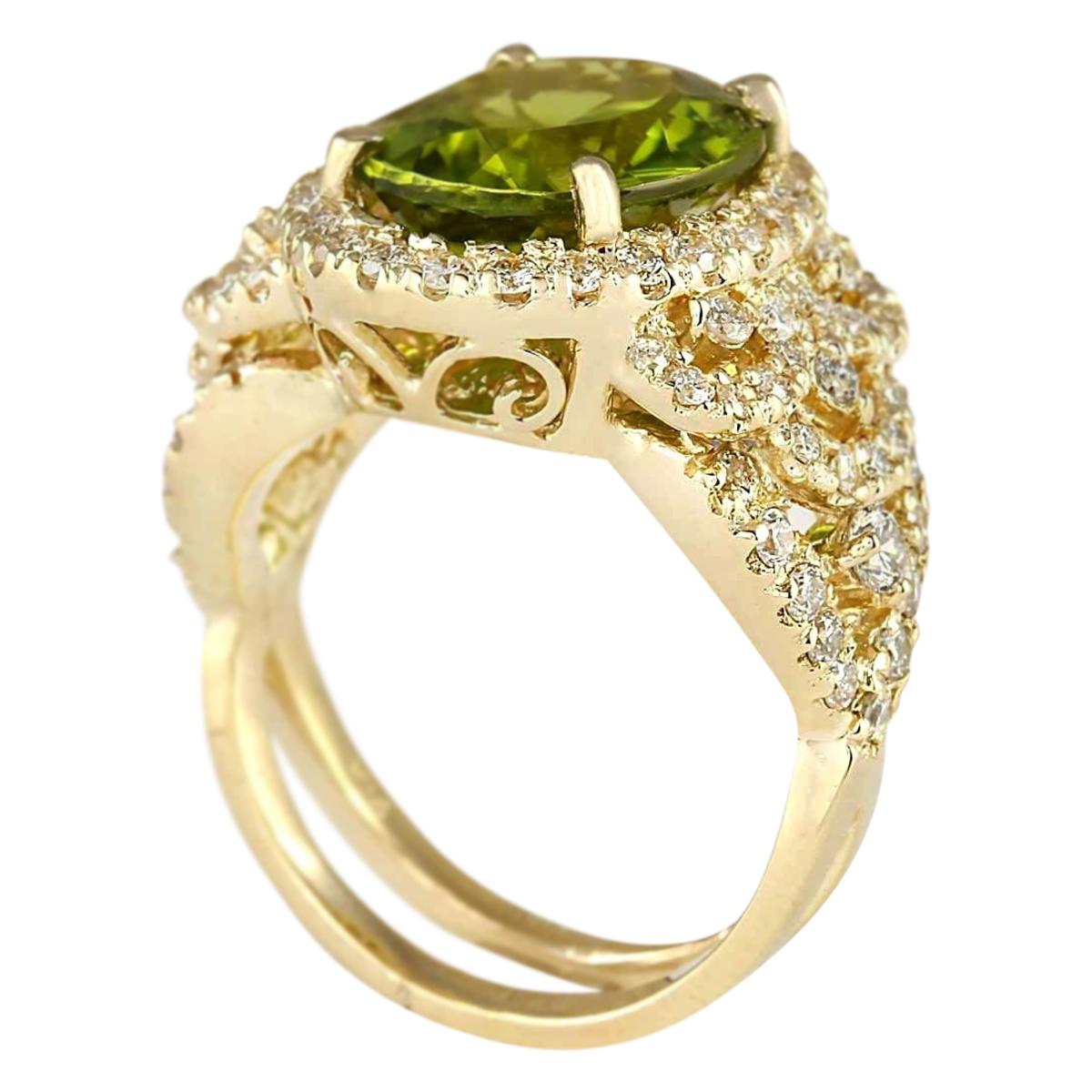 Oval Cut Natural Peridot 14 Karat Yellow Gold Diamond Ring For Sale