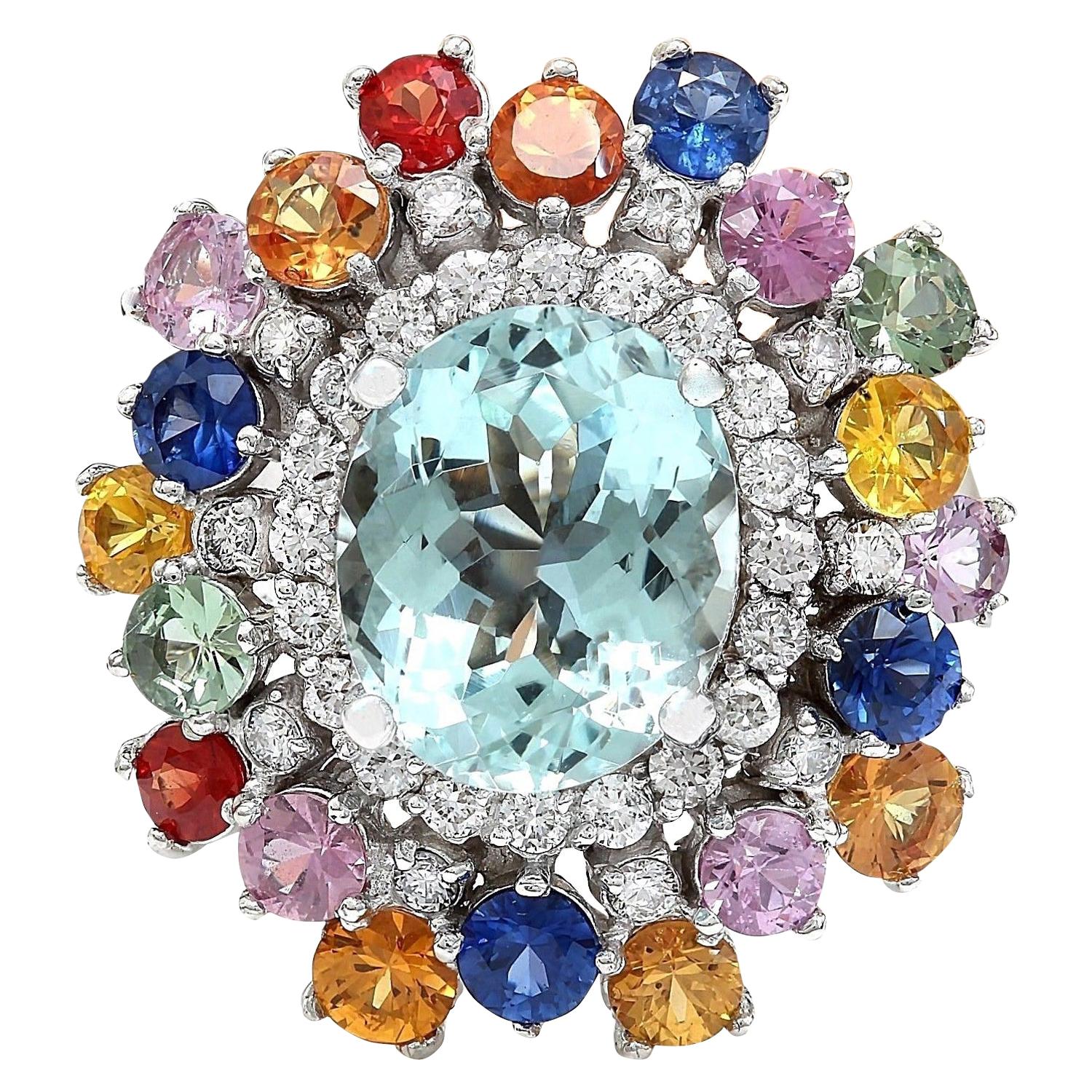 8.03 Carat Natural Aquamarine, Sapphire 18 Karat Solid White Gold Diamond Ring