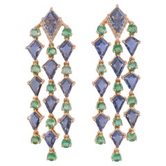 8.03 Carat Sapphire & Emerald  Diamond Earring in 18 Karat Yellow  Gold