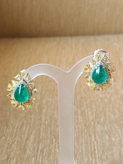 8.03 Carats, Zambian Emerald Cabochon & Yellow, Rose Cut Diamonds Stud Earrings